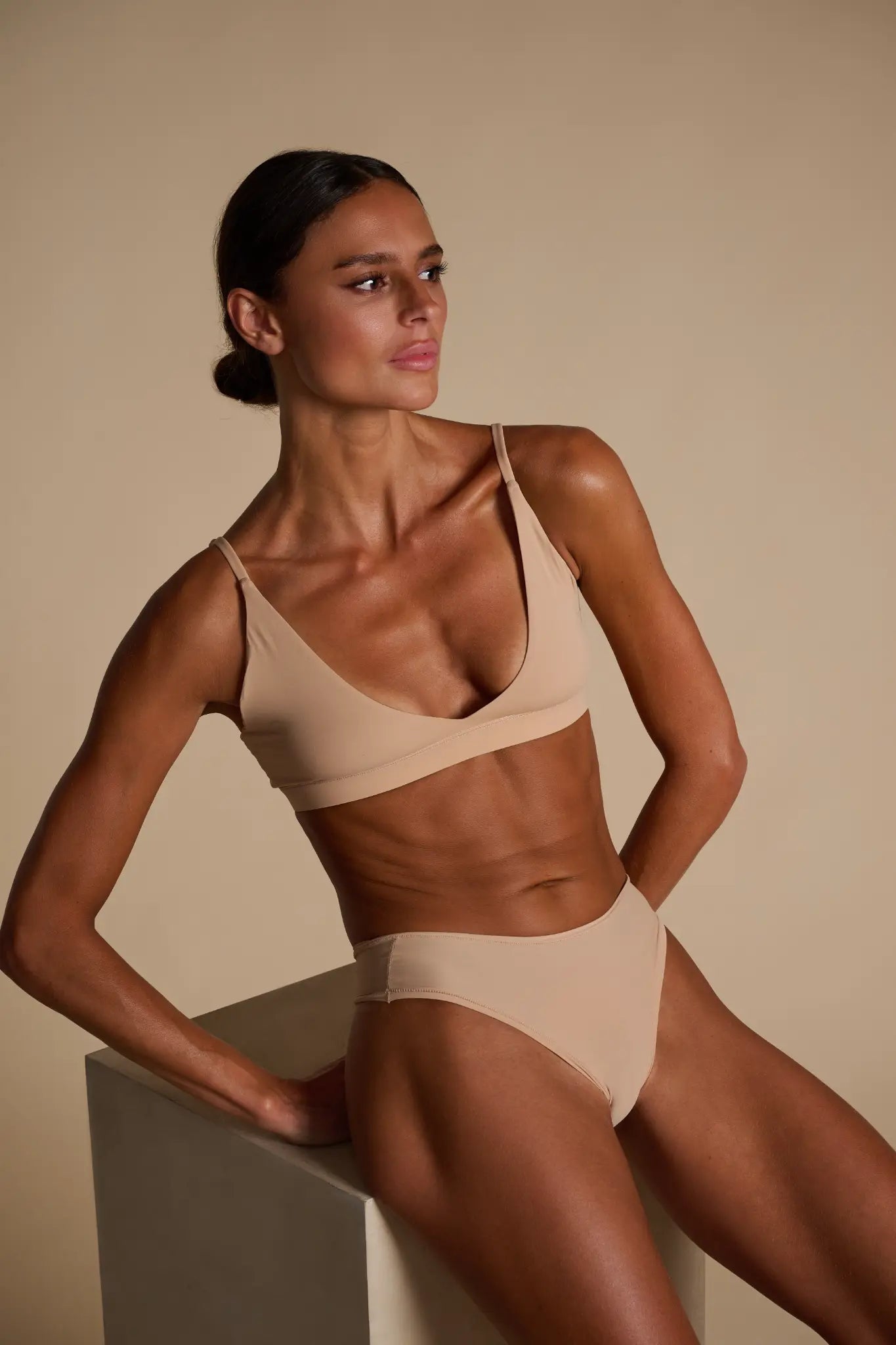 Nylon High-Cut Panties, Tan — front seated
