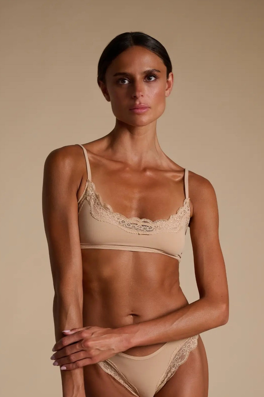 Lace Scoop Bralet, Tan